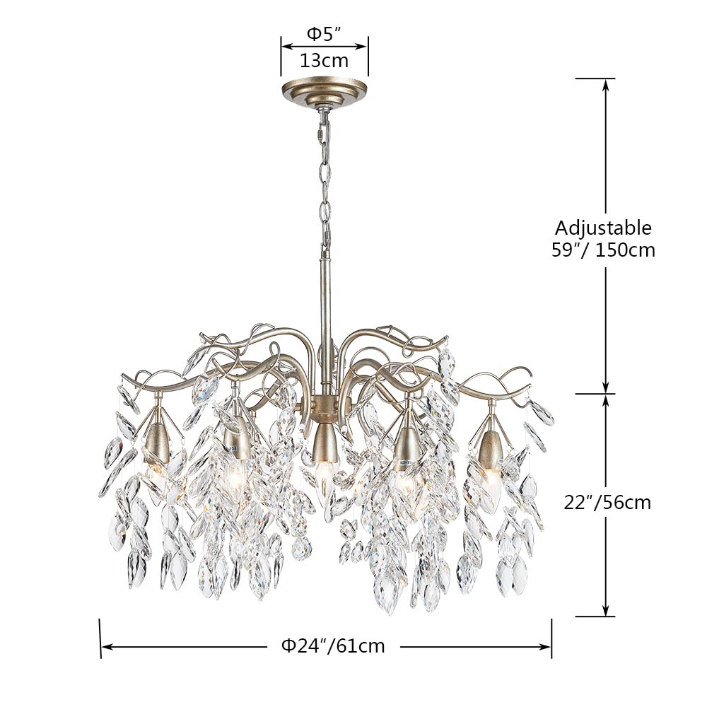 Saint Mossi K9 Crystal Chandelier with 7 Lights,Raindrop Chandelier in Vintage Silver Painted Arms,Crystal Pendant Light for Dining Room,Bedroom,Living Room,H22" x W24" x L24" with Adjustable Chain