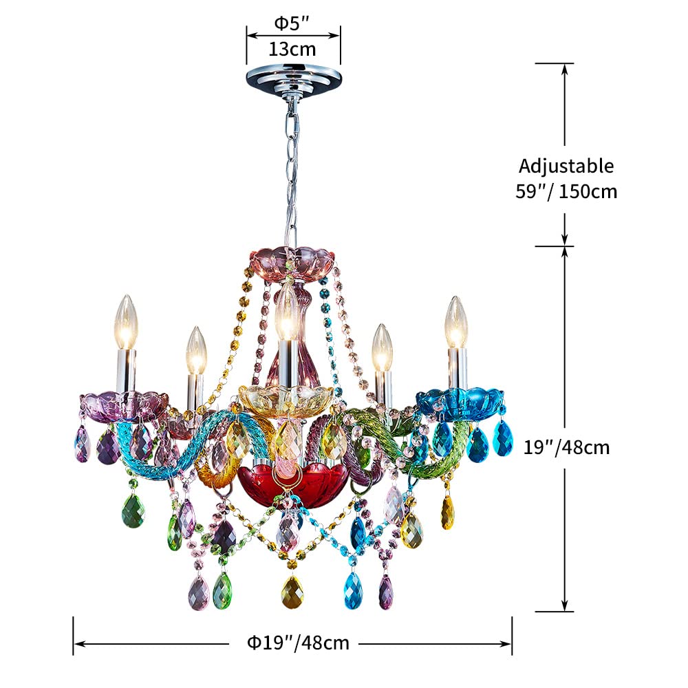 Saint Mossi Modern K9 Crystal Chandelier with 5 Lights,Colorful Painted,Contemporary Pendant Ceiling Lighting Fixture for Dining Room,Bedroom,Living Room,H19" x W19" with Adjustable Chain