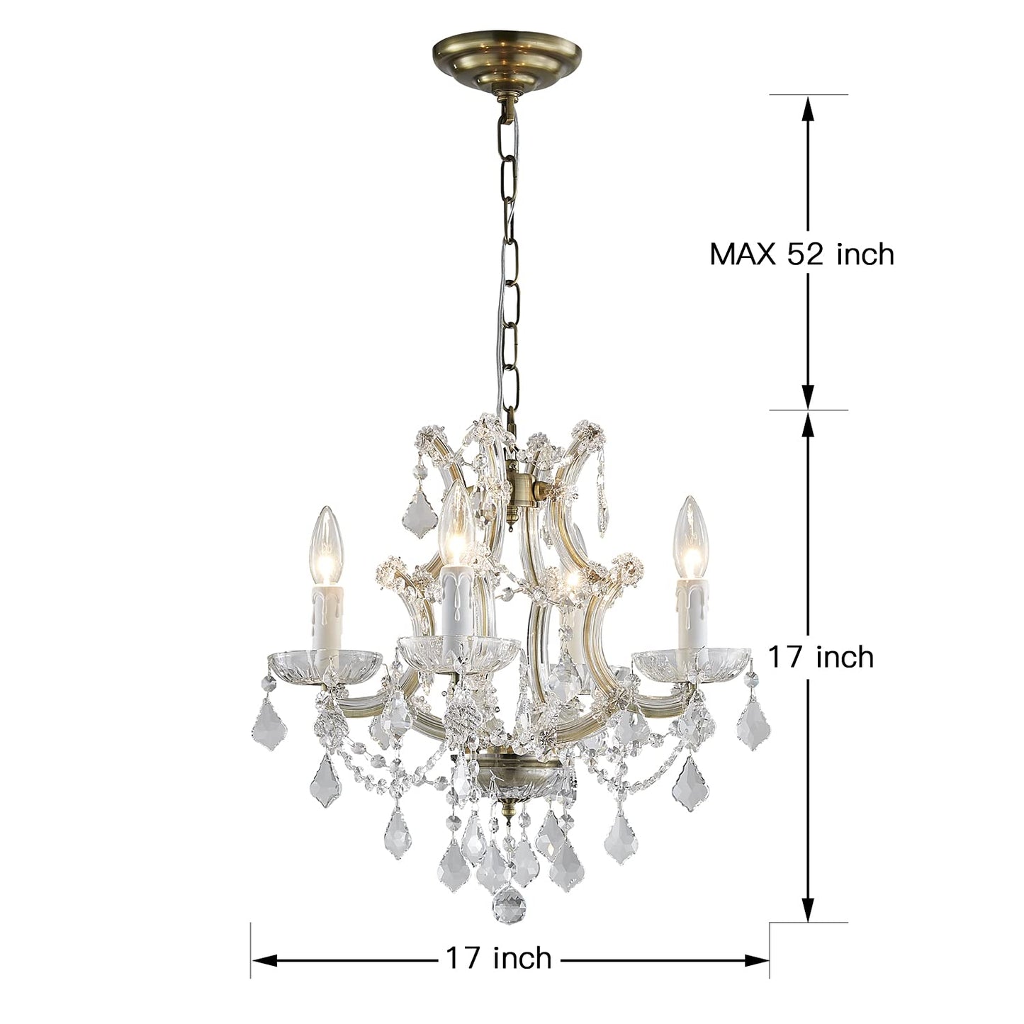 Saint Mossi 4 Light Maria Therese K9 Crystal Chandelier Light Fixture,Antique Brass Finish,Modern Chandelier Small Chandlier for Bedroom,Dining Room,Living Room,H17" x W17",Chain Adjustable