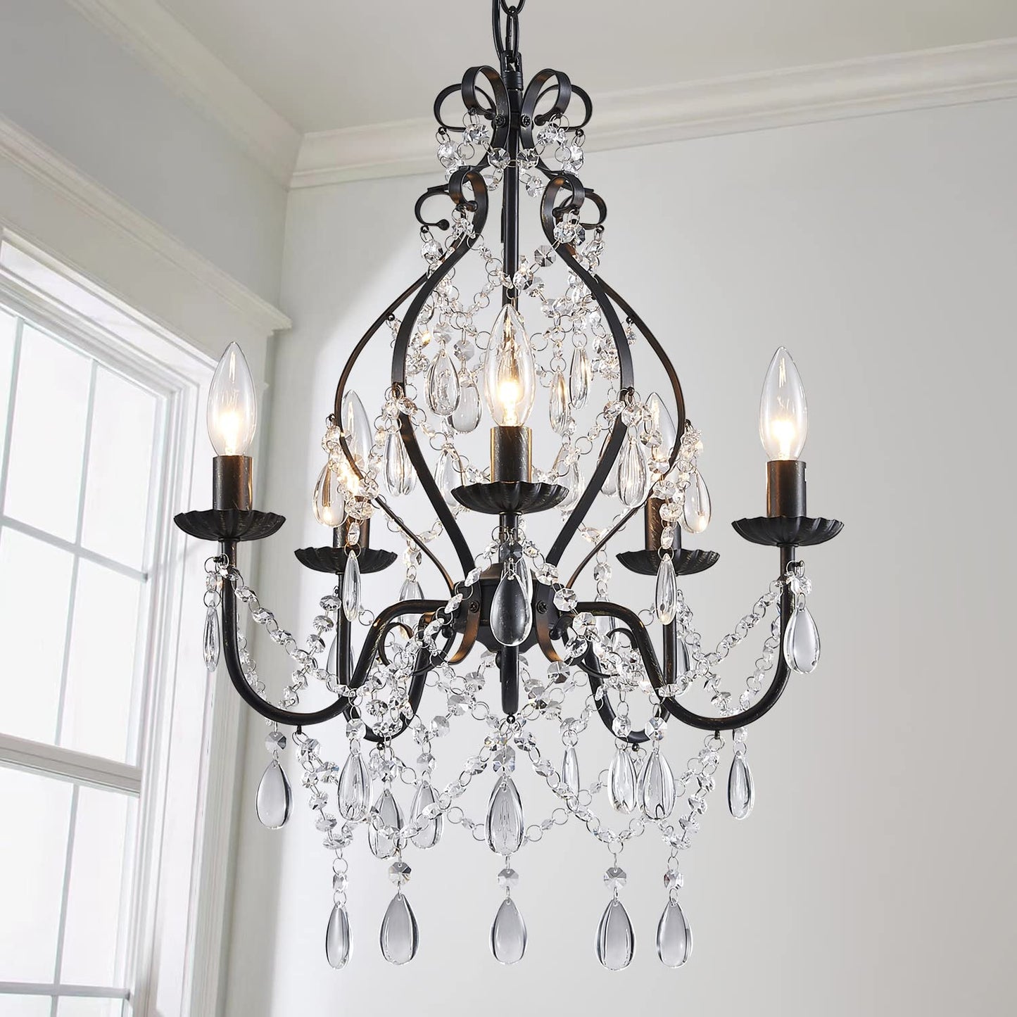 Saint Mossi 5-Lights Crystal Chandelier, Farmhouse Pendant Light Fixtures, H24" x D17",Chain Adjustable Max 59", Black Finish