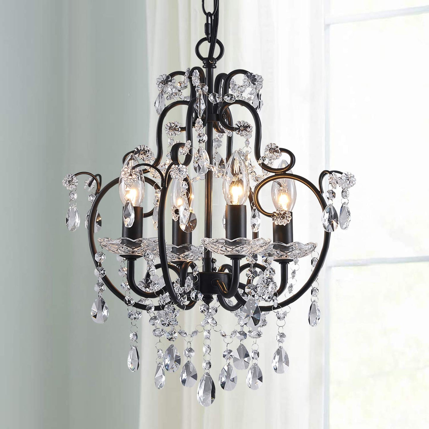 Saint Mossi 4-Lights Crystal Chandelier with K9 Crystals,Black Chandelier Light Fixture Merged with Farmhouse Chandelier Style,Farmhouse Pendant Light Fixtures,,H17" x D12",Chain Adjustable