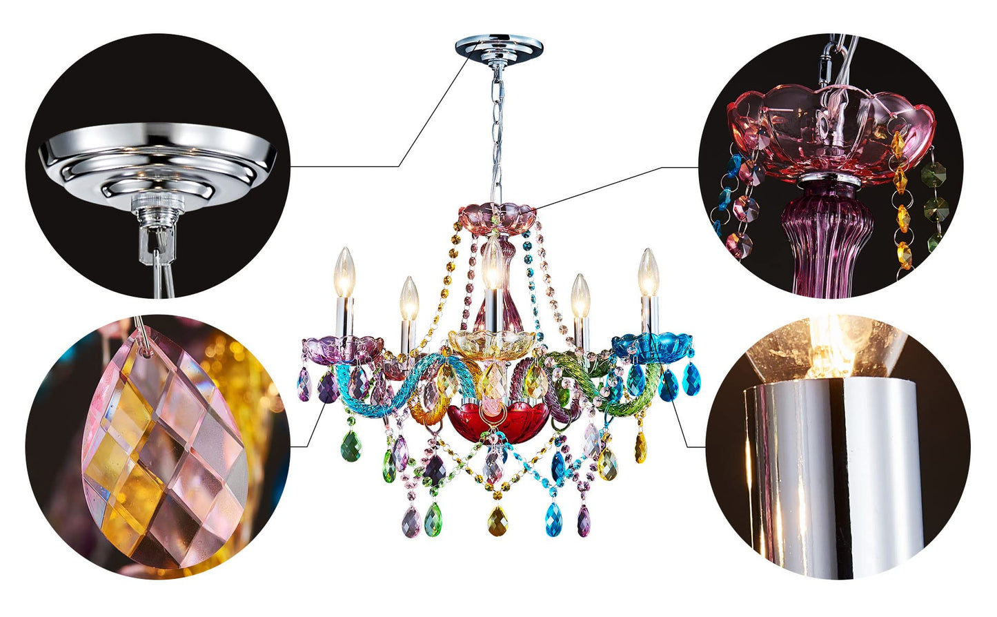 Saint Mossi Modern K9 Crystal Chandelier with 5 Lights,Colorful Painted,Contemporary Pendant Ceiling Lighting Fixture for Dining Room,Bedroom,Living Room,H19" x W19" with Adjustable Chain