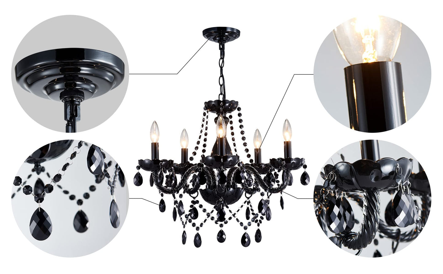 Saint Mossi Modern K9 Crystal Chandelier,Black Chandelier with 5 Lights E12 base, Modern Pendant Ceiling Lighting Fixture for Dining Room,Bedroom,Living Room, D19" x H19" with Max 59" Adjustable Chain