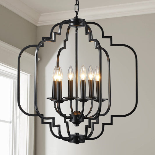 Saint Mossi Black Farmhouse Chandelier with 6 Lights,Lantern Metal Pendant Lighting for Dining Room,Living Room,Kitchen,Foyer,W23"x H26" with Adjustable Chain