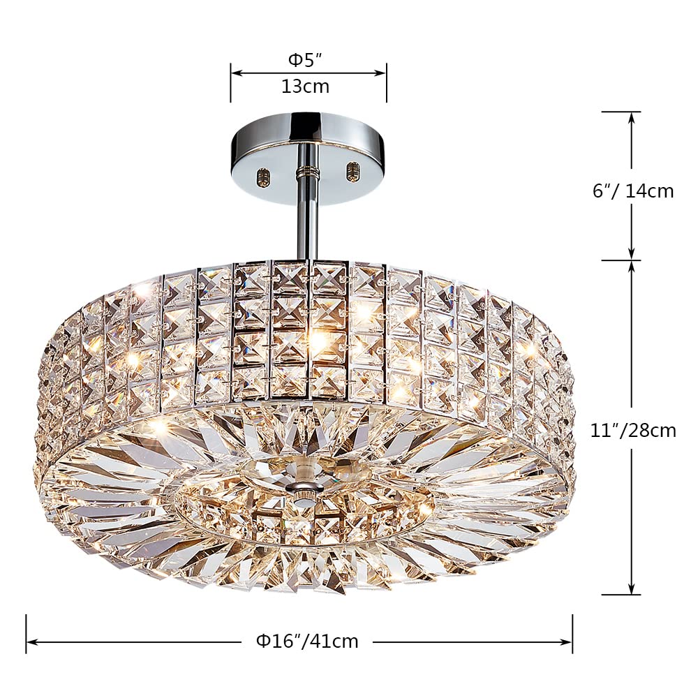 Saint Mossi Modern Crystal Semi Flush Mount with 5 Lights,K9 Crystal Ceiling Light,Close to Ceiling Light Fixture for Dining Room,Livingroom,Bedroom,H11" X D16"