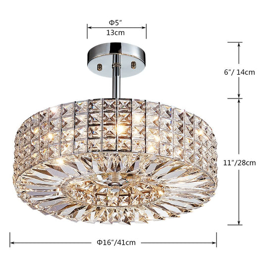 Saint Mossi Modern Crystal Semi Flush Mount with 5 Lights,K9 Crystal Ceiling Light,Close to Ceiling Light Fixture for Dining Room,Livingroom,Bedroom,H11" X D16"