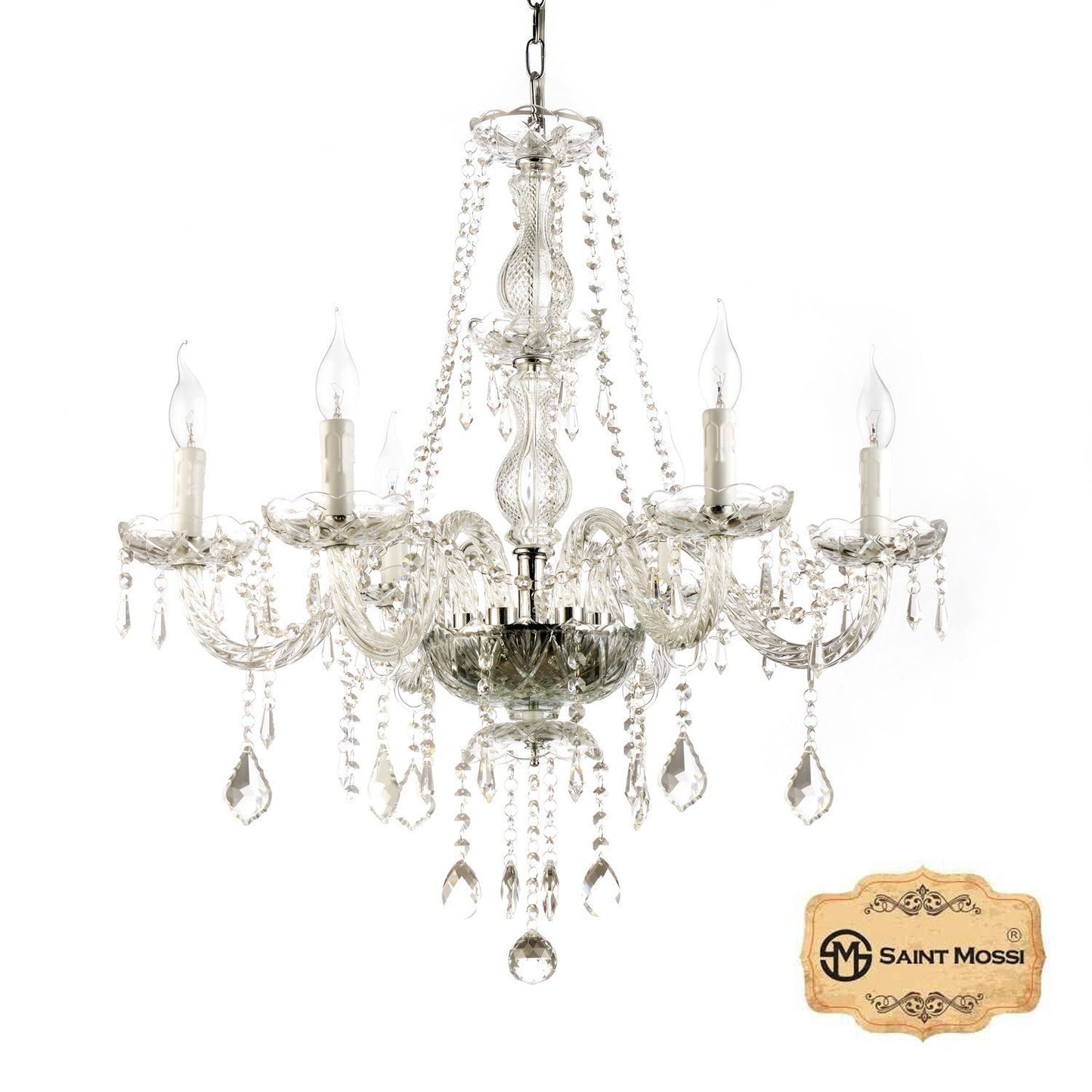 Saint Mossi Chandelier Modern K9 Crystal Chandelier Lighting, Clear Crystal Ceiling Light Fixture Pendant Lamp for Dining Room Bathroom Bedroom Livingroom with 6-Light