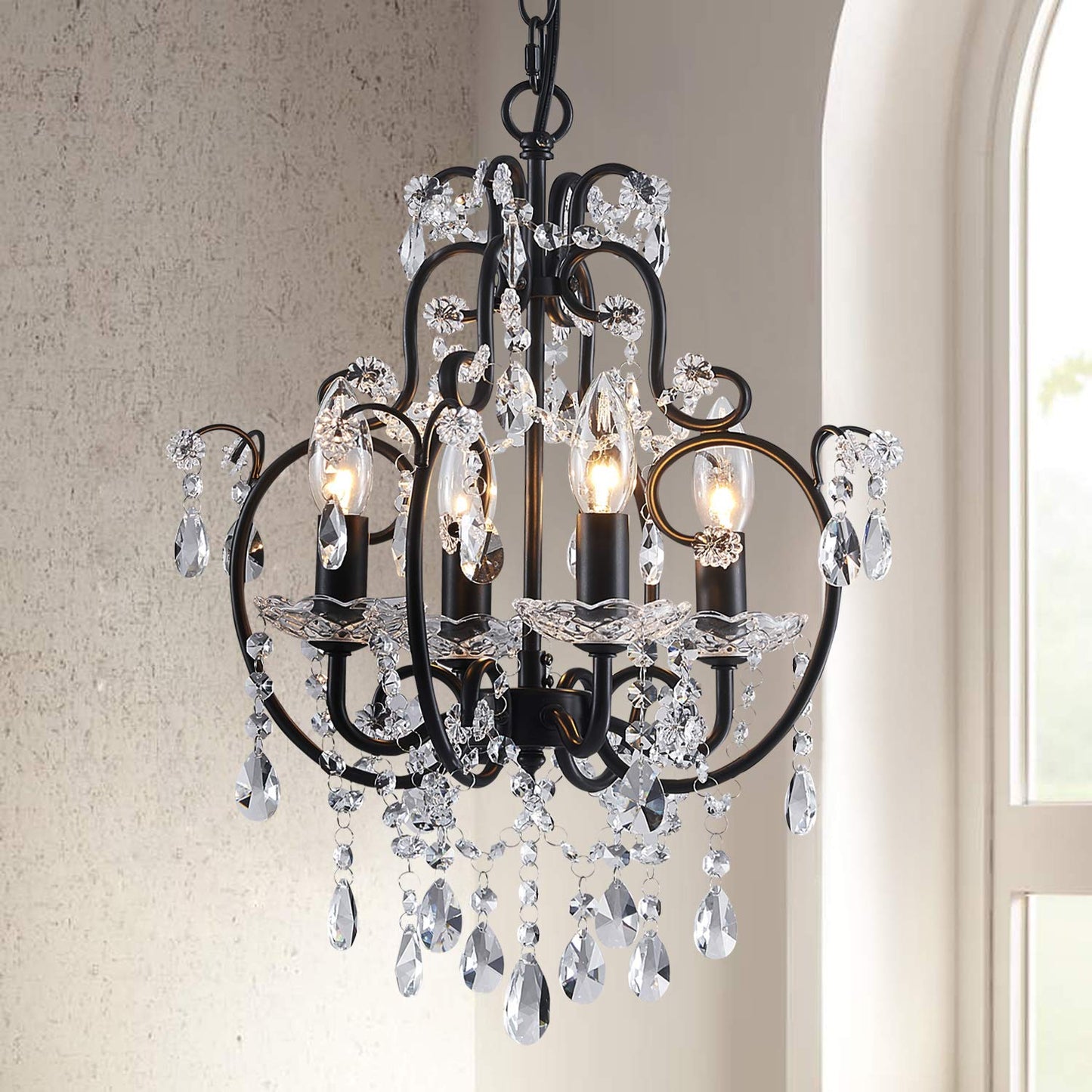 Saint Mossi 4-Lights Crystal Chandelier with K9 Crystals,Black Chandelier Light Fixture Merged with Farmhouse Chandelier Style,Farmhouse Pendant Light Fixtures,,H17" x D12",Chain Adjustable