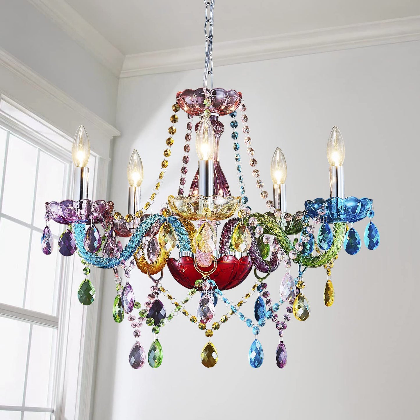 Saint Mossi Modern K9 Crystal Chandelier with 5 Lights,Colorful Painted,Contemporary Pendant Ceiling Lighting Fixture for Dining Room,Bedroom,Living Room,H19" x W19" with Adjustable Chain