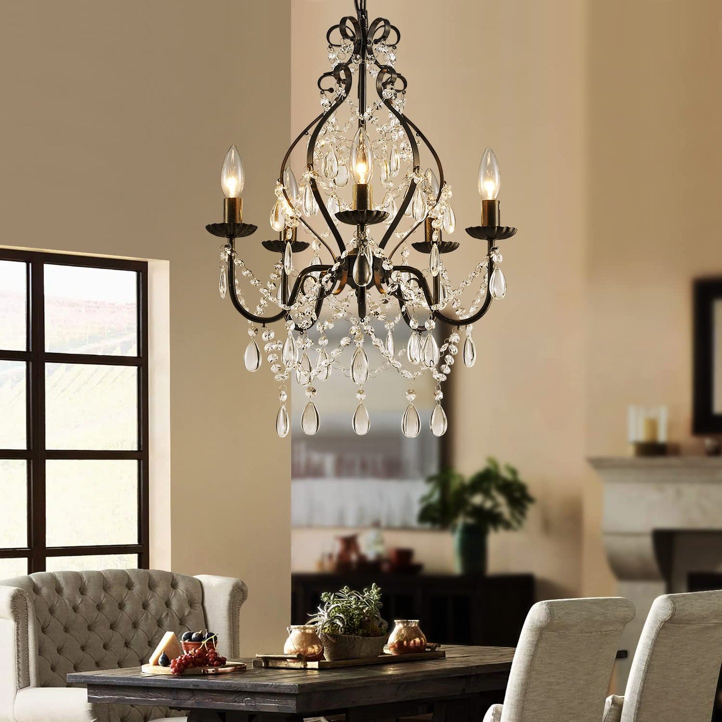 Saint Mossi 5-Lights Crystal Chandelier, Farmhouse Pendant Light Fixtures, H24" x D17",Chain Adjustable Max 59", Black Finish