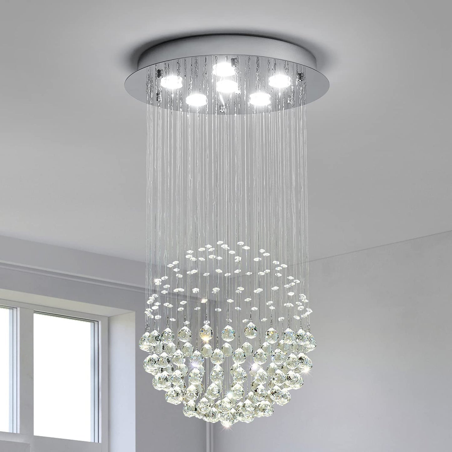 Saint Mossi Chandelier Modern K9 Crystal Raindrop Chandelier Lighting Flush mount LED Ceiling Light Fixture Pendant Lamp for Dining Room Bathroom Bedroom Livingroom 6 GU10 LED Bulbs Required H32 X D18