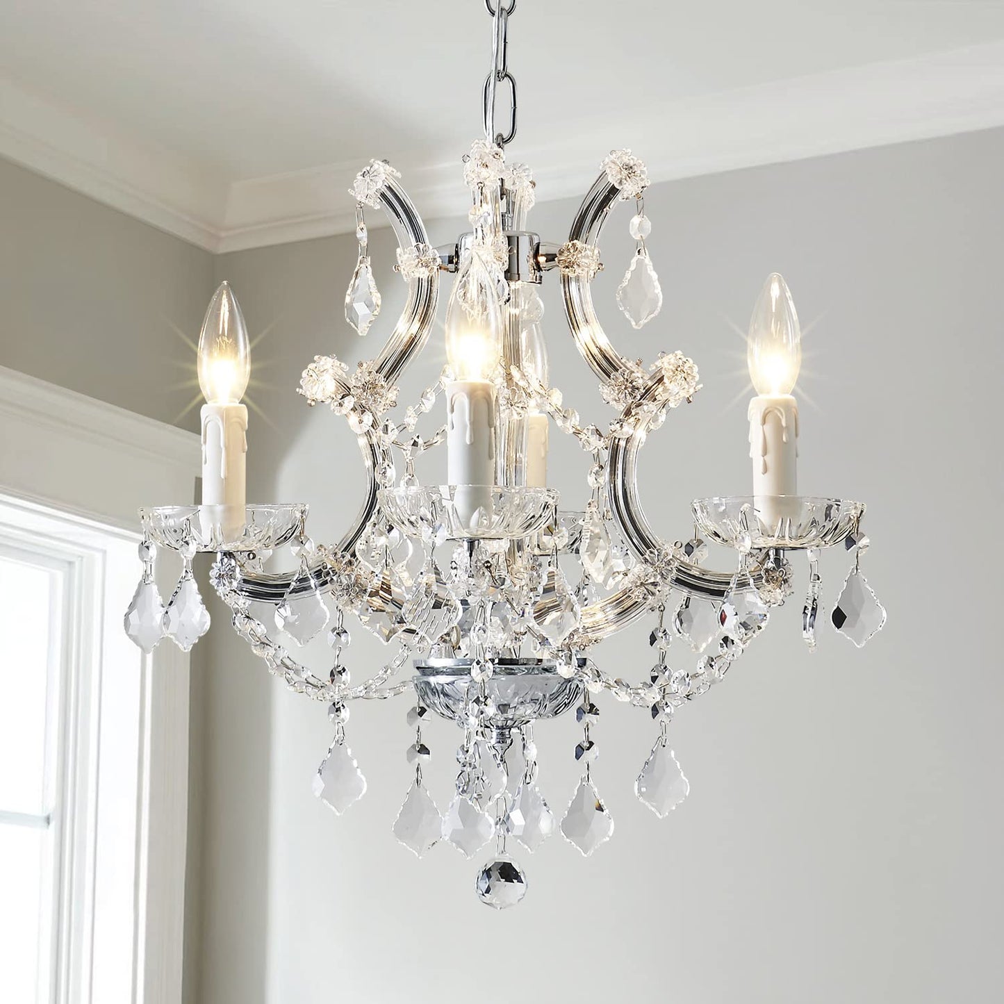 SM Saint Mossi 4 Light Crystal Maria Therese Chandelier Light Fixture,Modern Chandelier Crystal Chandelier for Bedroom,Dining Room,Living Room,H 17 in x W 18 in with Adjustable Chain