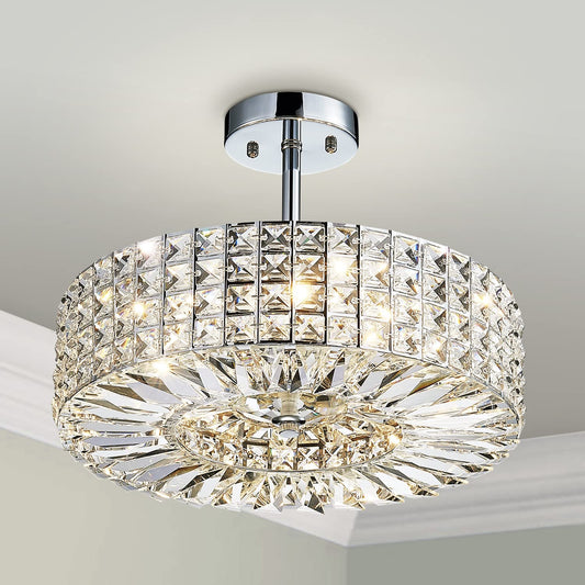 Saint Mossi Modern Crystal Semi Flush Mount with 5 Lights,K9 Crystal Ceiling Light,Close to Ceiling Light Fixture for Dining Room,Livingroom,Bedroom,H11" X D16"