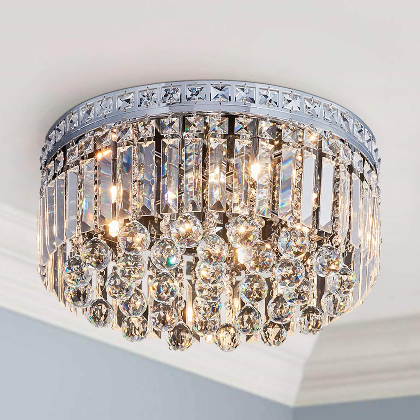 Saint Mossi 9-Lights Crystal Chandelier Light Fixture with K9 Crystals,Modern Flush Mount Ceiling Light Fixtures Modern Chandelier for Bedroom,Dining Room,Livingroom,H8" x D18"