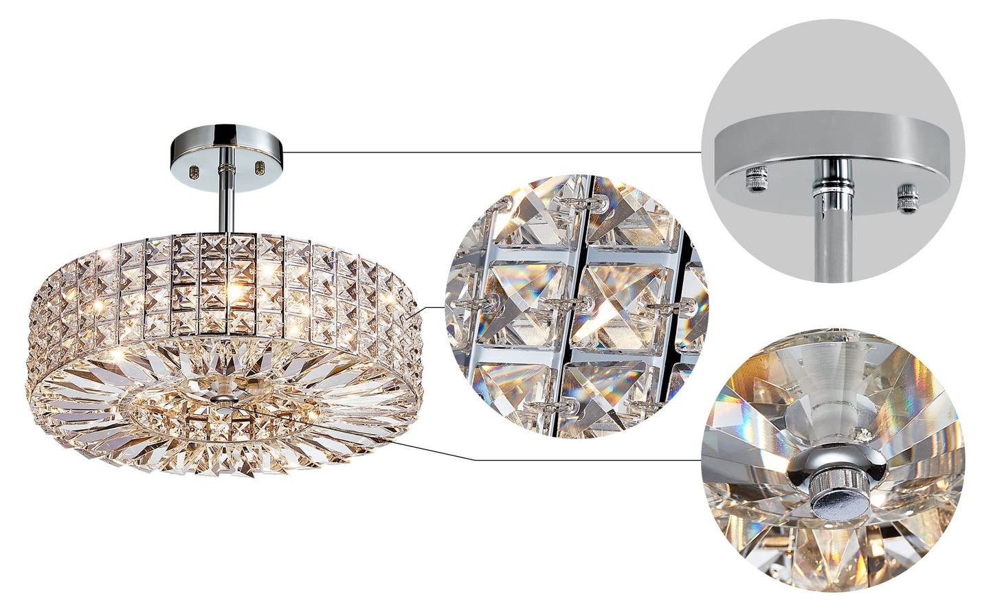 Saint Mossi Modern Crystal Semi Flush Mount with 5 Lights,K9 Crystal Ceiling Light,Close to Ceiling Light Fixture for Dining Room,Livingroom,Bedroom,H11" X D16"